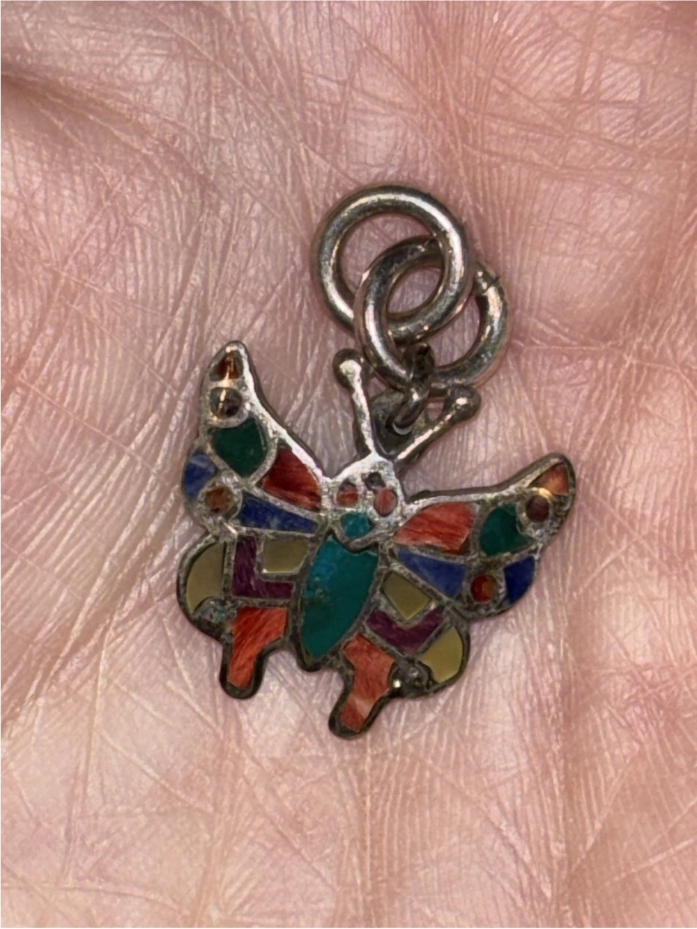 Vintage Native American Solid Sterling Silver Turquoise Inlay Butterfly Pendant